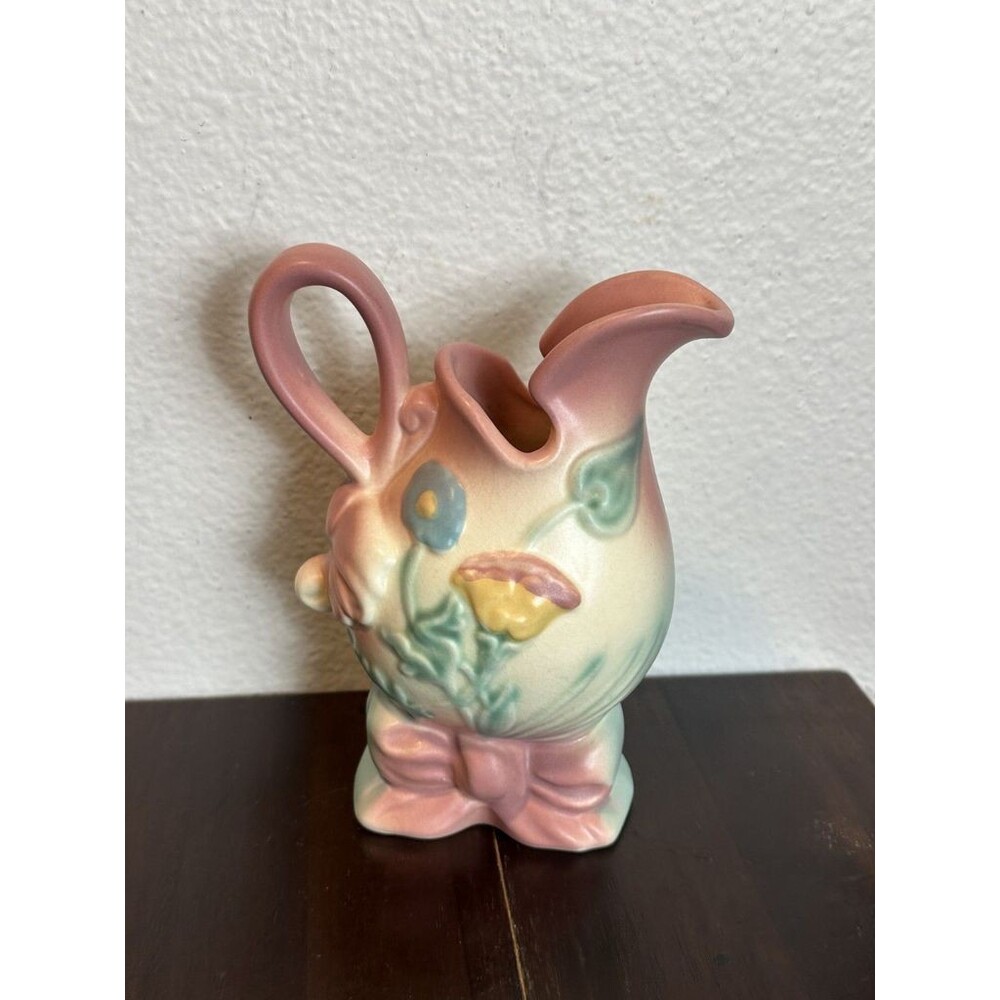 Vintage MCM Hull Pottery Bowknot B1 5 1/2" Pitcher Ewer Vase Pink Blue